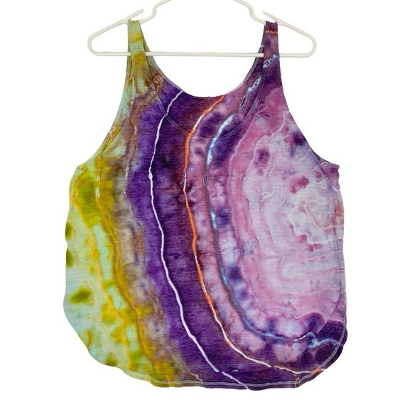Handmade Geode Tie Dye Tank Top Shirt Womens Size Large Pink Chartreuse Upcycled - Picture 1 of 8